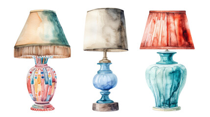Vintage watercolor Different stylish table lamps isolated transparent background. PNG Format.