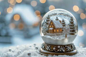 Crystalline snow globe, winter scene inside, on a shimmering silver background