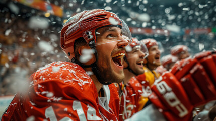 Hockey players are cheering, rink of sport arena