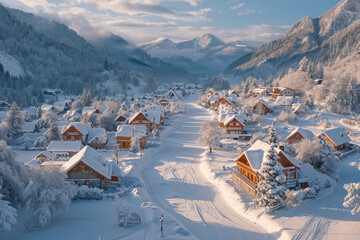 Drone image of a snow-covered village during winter, creating a serene and peaceful landscape. Concept of winter beauty and seasonal perspectives. Generative Ai.