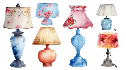 Vintage watercolor Different stylish table lamps isolated transparent background. PNG Format.