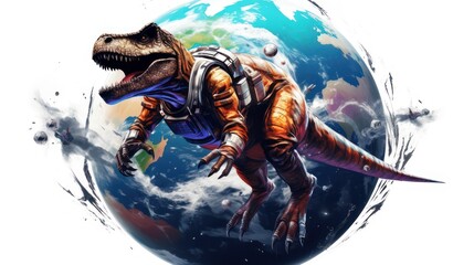 Dinosaur t rext astronaut with planet earth in the background from outer space.	
