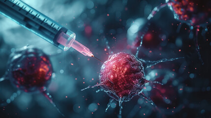 Macro image of a needle being pricked at a blue and purple cancer cell , copy space - obrazy, fototapety, plakaty