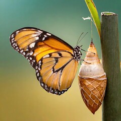 Amazing moment ,Monarch Butterfly, pupae and caterpillar suspended. Concept transformation - obrazy, fototapety, plakaty