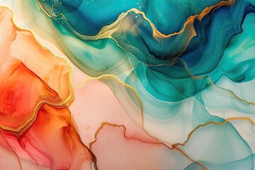 Currents of translucent hues, snaking metallic swirls. Natural luxury abstract fluid art painting in alcohol ink technique