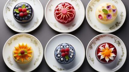 Fototapeta na wymiar Top-View of a Various White Plates Of Michelin Star Fruit and Dessert