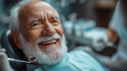 Happy senior with a beard smiles during dental visit.