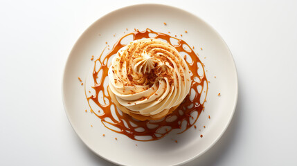 Top-View of a Beautiful White Plate Of Michelin Star Dessert with Cream and Caramel