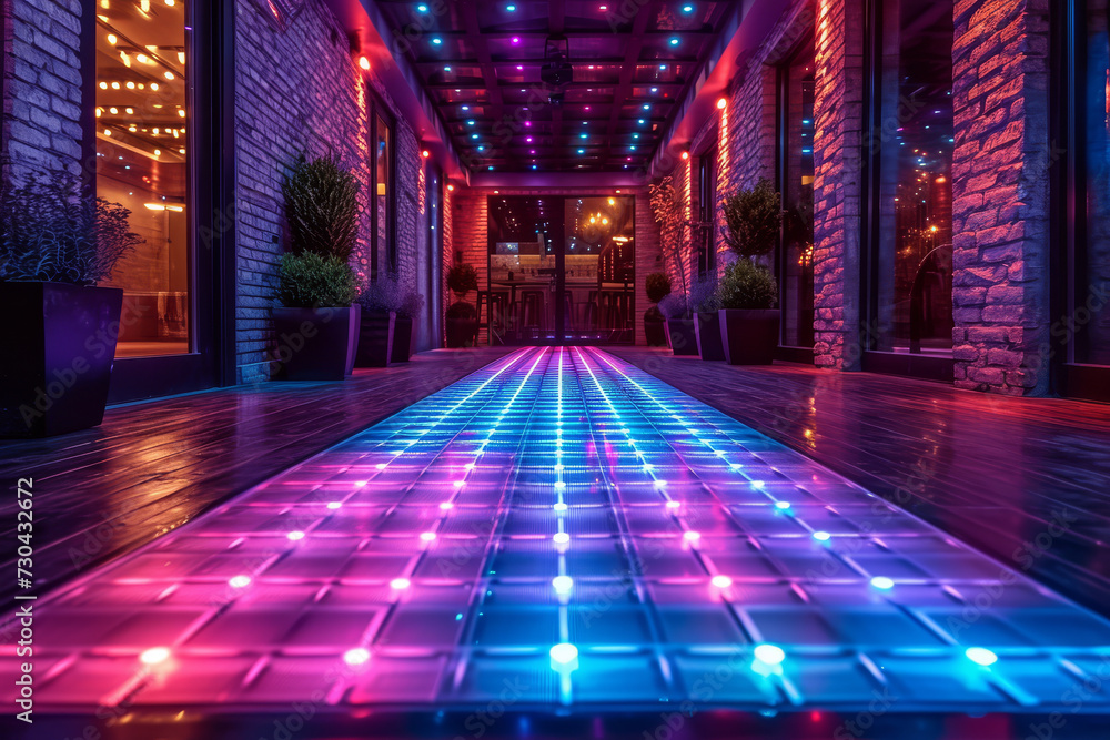 Poster a dance floor illuminated with multicolored gels, creating a vibrant and energetic space. concept of