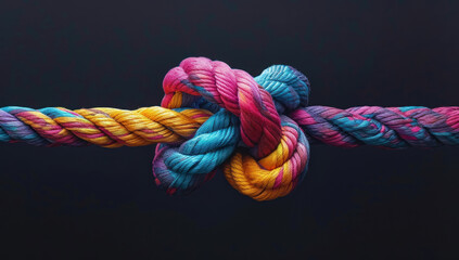 colorful knots on black background with text overlay