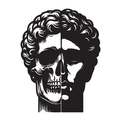 Half of a male skull and ancient art statue with a wreath on his head, black silhouette on a transparent background for stencil, t-shirt print, vector drawing.