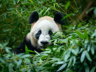 Portrait of a panda in its natural habitat.