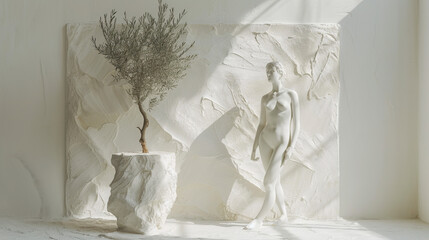 girl model mannequin, with large white earthy pot with olive tree in it , all white background, space for text 