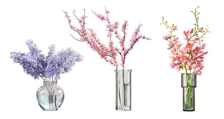 Set of spring bunch flowers in glass vases, isolated on transparent background. 3D render.