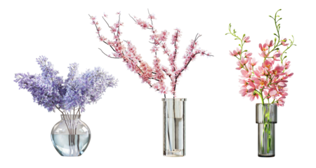 Set of spring bunch flowers in glass vases, isolated on transparent background. 3D render.