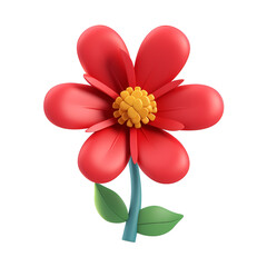 Icon Design of a Beautiful Red Flower: Simple 3D Render for Spring Floral Cartoon Illustration, Isolated on Transparent Background, PNG