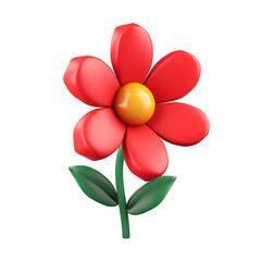 Simple 3D Render of a Beautiful Red Flower Icon for Spring Floral Cartoon Illustration Design, Isolated on Transparent Background, PNG