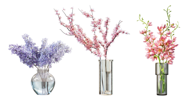 Set of spring bunch flowers in glass vases, isolated on transparent background. 3D render.