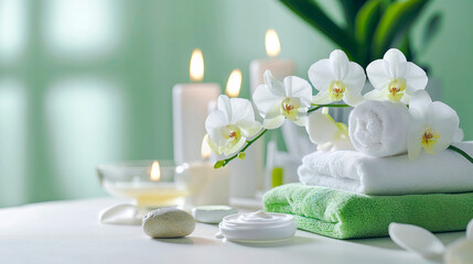 Fototapeta na wymiar Stylish illustration for advertising aroma and SPA treatments with towels, orchids, massage cream and candles on a mint color background.