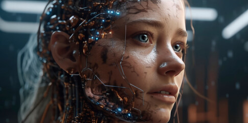 Portrait of an android robot or a humanoid girl. Artificial intelligence technology, a portrait of a futuristic robot or a fantastic cyborg for role-playing games, games or cyberpunk in virtual realit