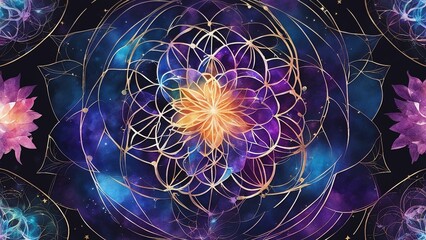 fractal background A blue and purple watercolor sacred geometry illustration of the flower of life on a black background 
