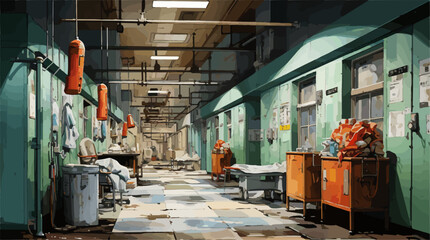 Scene of a hospital desolated, alone, apocalypse illustration background - obrazy, fototapety, plakaty