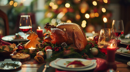 A festive Christmas dinner with a beautifully decorated table, featuring a roasted turkey and joyful family members - obrazy, fototapety, plakaty