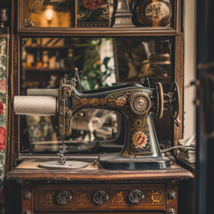 Fototapeta na wymiar Vintage Sewing Machine in Antique Shop Setting