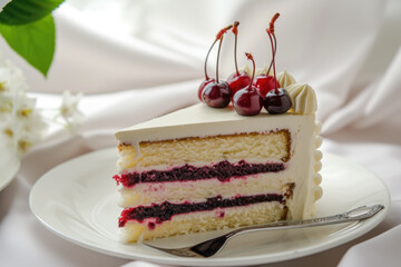 cake with a cream color and a cherry and a professional overlay on the slice