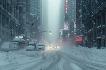 blizzard in a city, with snowdrifts and icy roads.