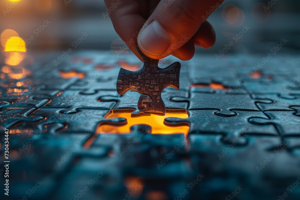 Poster a hand placing a puzzle piece into a business puzzle emphasizes the importance of aligning different