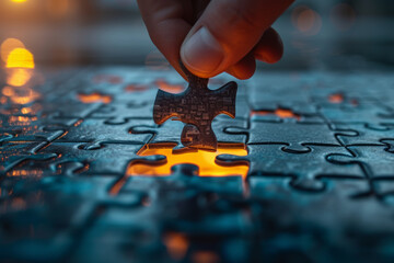 A hand placing a puzzle piece into a business puzzle emphasizes the importance of aligning different elements and strategies for achieving a cohesive and successful business model.  Generative Ai.
