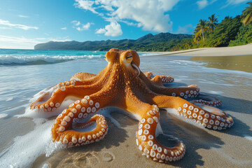 Octopus at the Shoreline of a Tropical Beach - obrazy, fototapety, plakaty