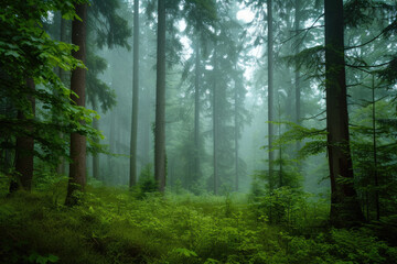 Fototapeta premium forest with a misty fog and tall trees