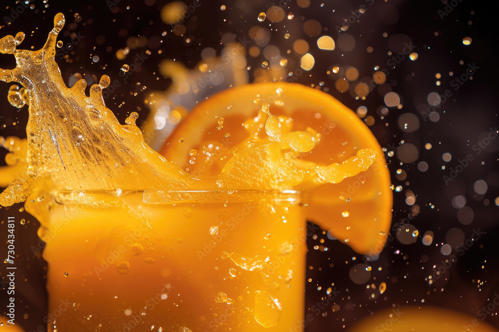Poster juice with a orange color and a pulp and a professional overlay on the splash