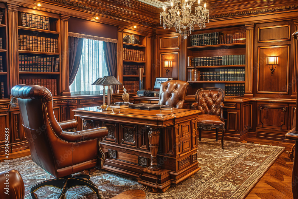 Wall mural law office with a traditional design and wood paneling.