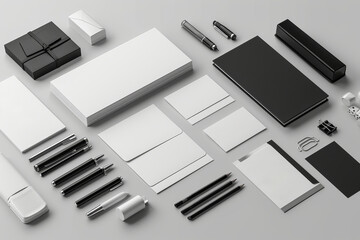 A set of minimalist branding mockups, including business cards and stationery items, perfect for visualizing corporate identity designs and brand consistency.  Generative Ai. - obrazy, fototapety, plakaty