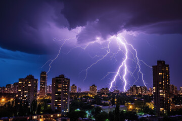 lightning storm over a city skyline, with bolts of lightning striking buildings.