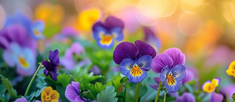 Nature background showcases Pansy or Viola tricolor var hortensis flower.