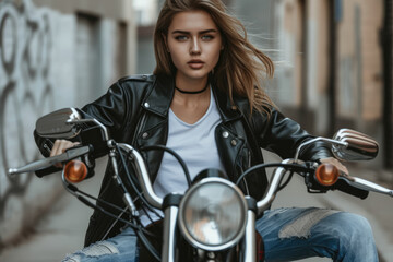 Obraz premium model wearing a black leather jacket, with a white T-shirt and jeans.