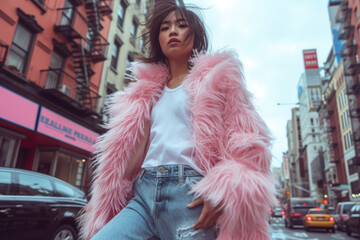 model wearing a pink fur coat, with a white T-shirt and jeans.