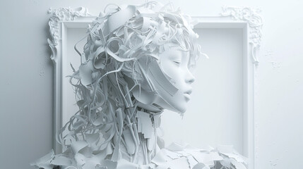 white fashion model doll mannequin sculptures heads with unique textured hair, copy space fot text