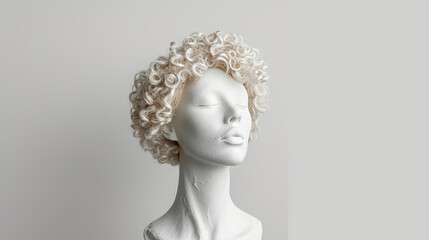 white fashion model doll mannequin heads with unique textured hair, copy space fot text
