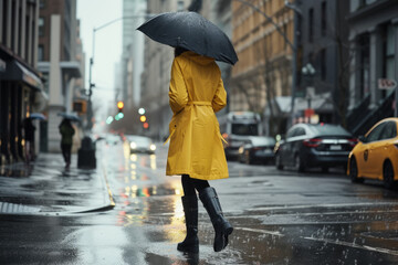 model wearing a yellow raincoat - obrazy, fototapety, plakaty