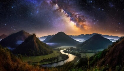 Earth sunrise. the milky way and the mountains and rivers