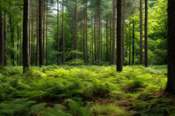view of a forest with tall trees and a carpet of ferns on the ground - obrazy, fototapety, plakaty