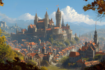 view of a medieval town with a castle and a cathedral - Powered by Adobe