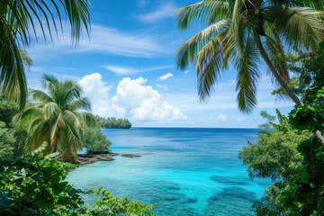 Fototapeta na wymiar view of a tropical island with palm trees and a blue ocean