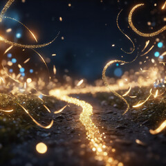 shiny trail of sparkles of gold wave and bokeh light . No compost words and two words word