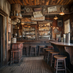 Vintage Wild West Saloon Interior with Wooden Bar and Stools